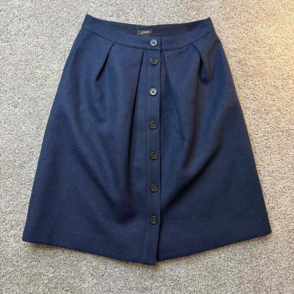 J.Crew Skirt Womens 0 Blue Solid Wool Knee Length A-Line Button Front Lined